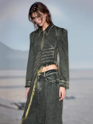 Denim Coat Lapel Zipper Short Patchwork Washed Tassel Slim Streetwear Jacket