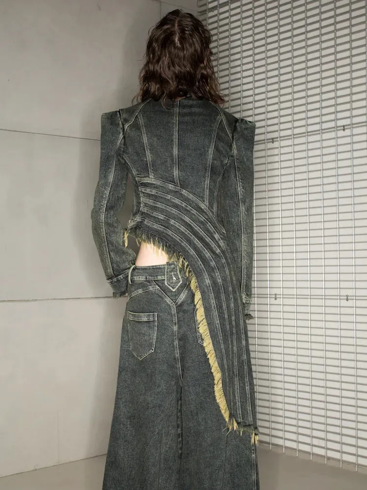 Denim Coat Lapel Zipper Short Patchwork Washed Tassel Slim Streetwear Jacket