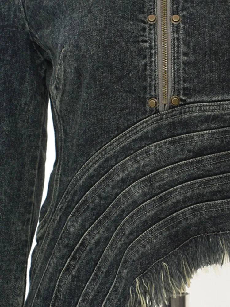 Denim Coat Lapel Zipper Short Patchwork Washed Tassel Slim Streetwear Jacket