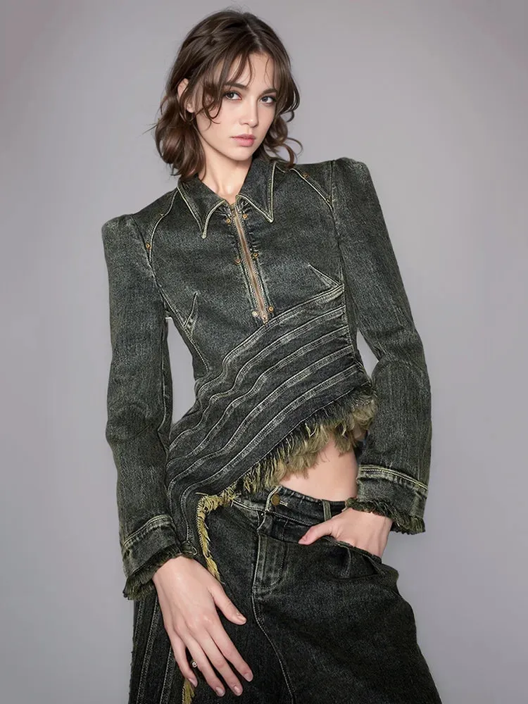 Denim Coat Lapel Zipper Short Patchwork Washed Tassel Slim Streetwear Jacket