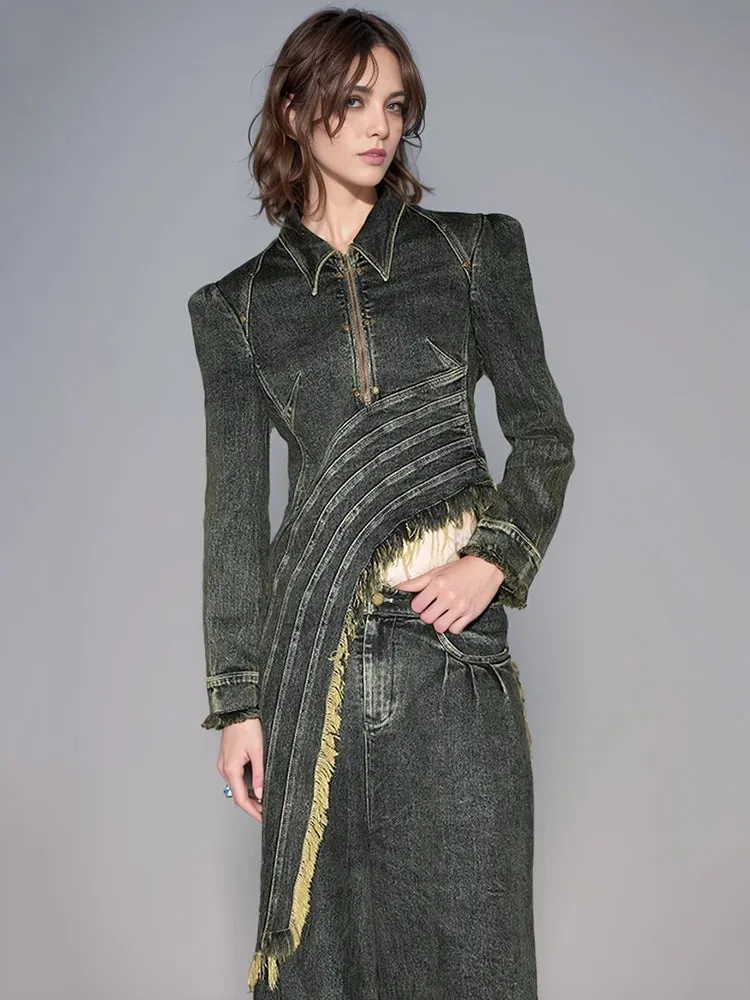 Denim Coat Lapel Zipper Short Patchwork Washed Tassel Slim Streetwear Jacket