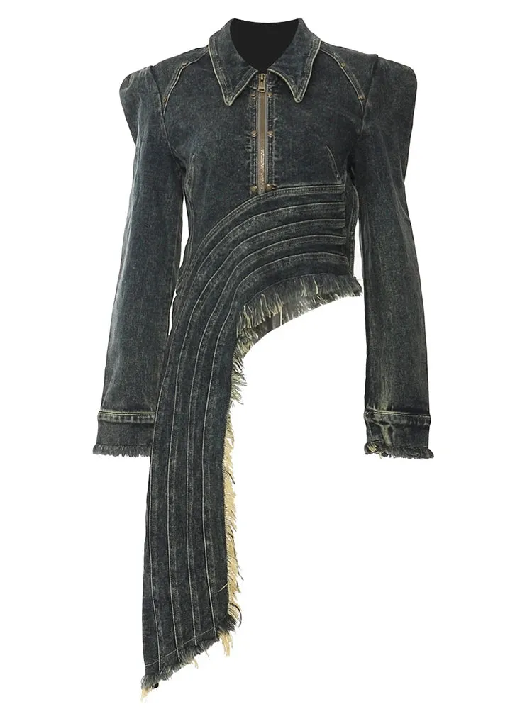 Denim Coat Lapel Zipper Short Patchwork Washed Tassel Slim Streetwear Jacket