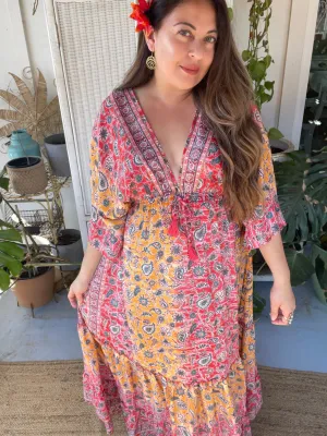 Double V-Neck Boho Maxi dress (orange-red)