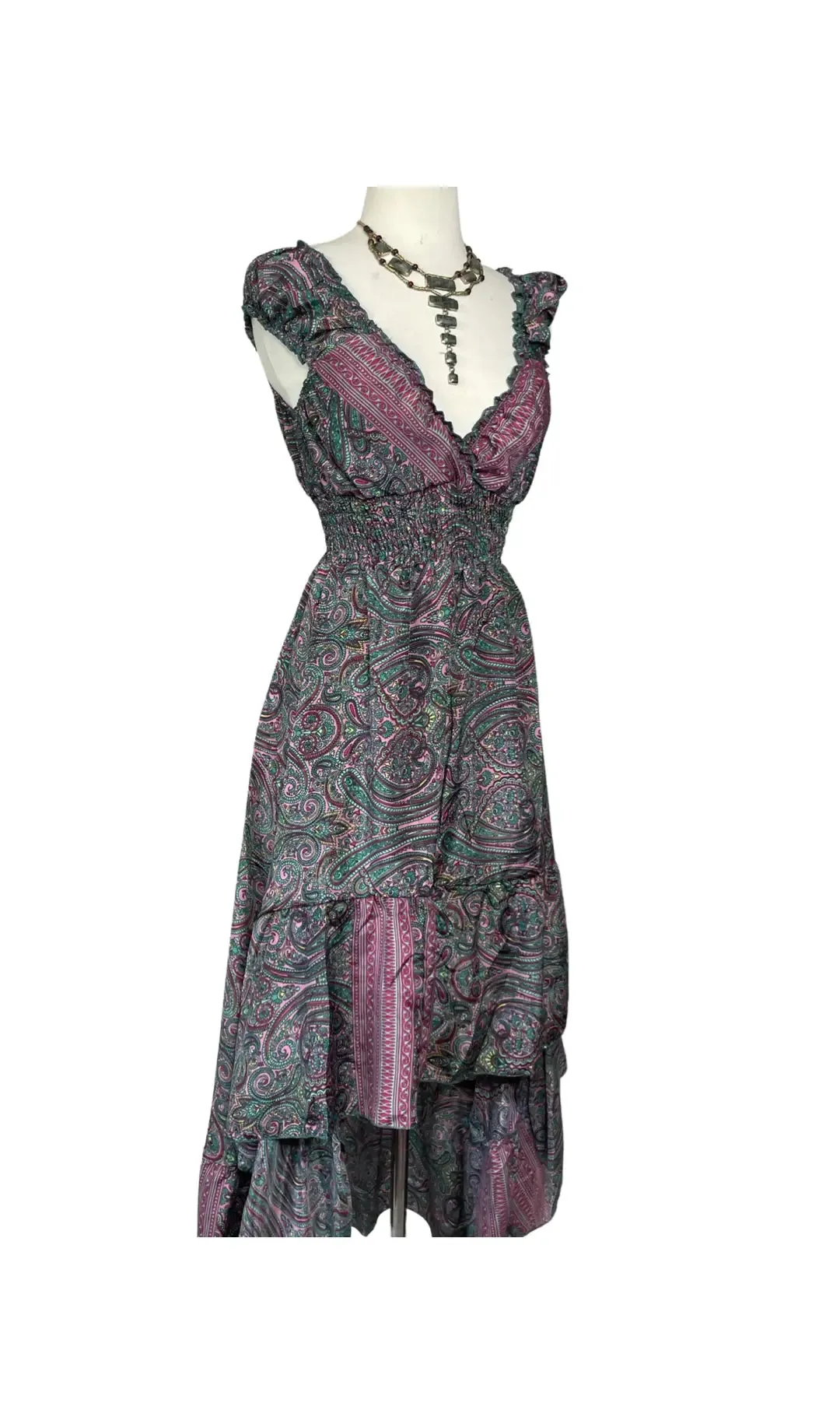High and low Silk dress (Pink/green)