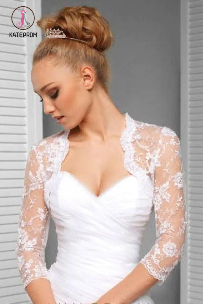 Kateprom 3/4 Sleeve Exquisite Lace Applique Bridal Jacket Scalloped Top Neck, Wedding Jacket Wraps KPJ0006