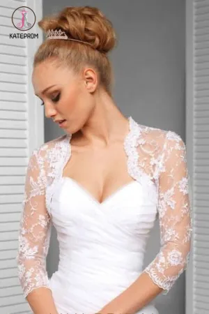 Kateprom 3/4 Sleeve Exquisite Lace Applique Bridal Jacket Scalloped Top Neck, Wedding Jacket Wraps KPJ0006