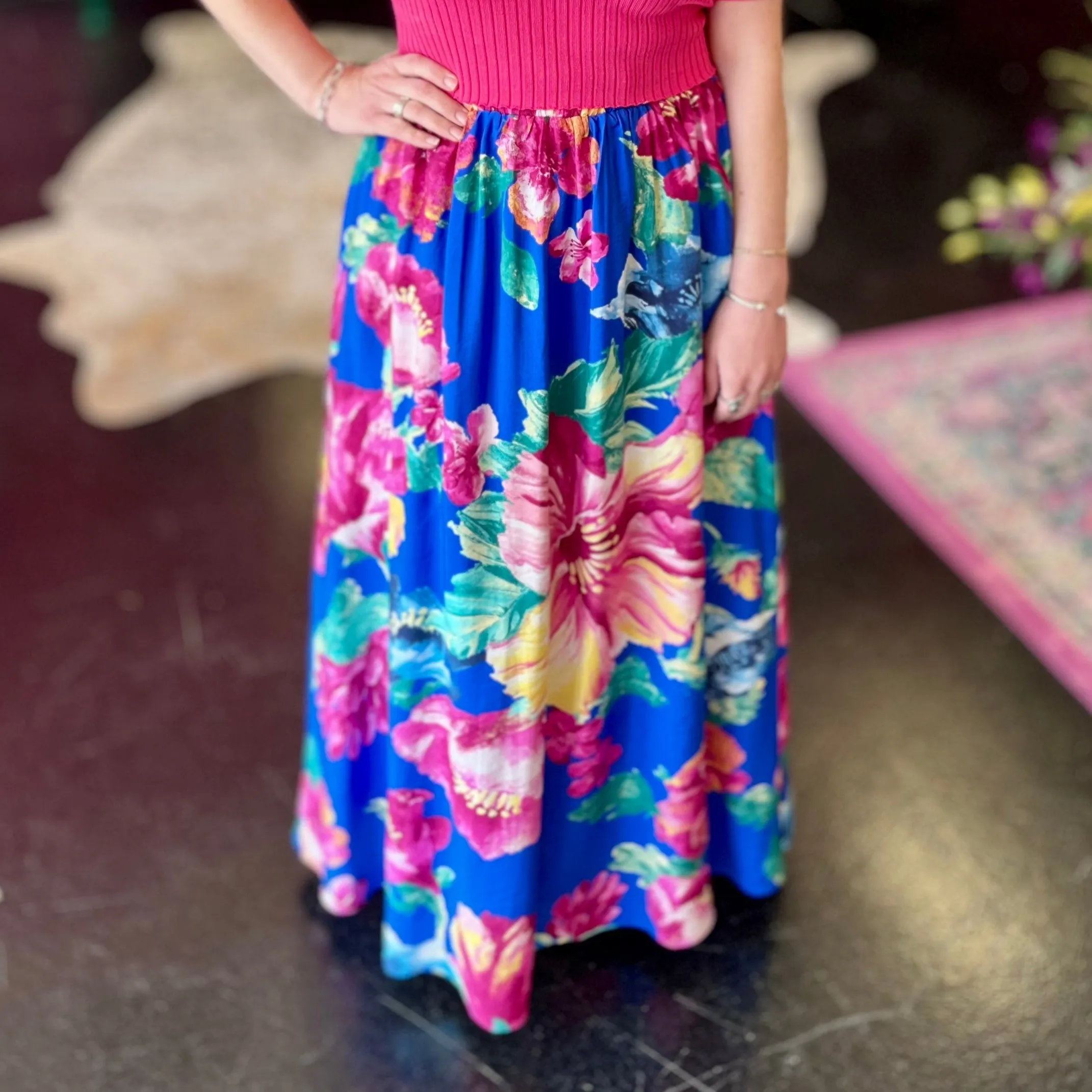 Royal Blue Floral Print Maxi Skirt