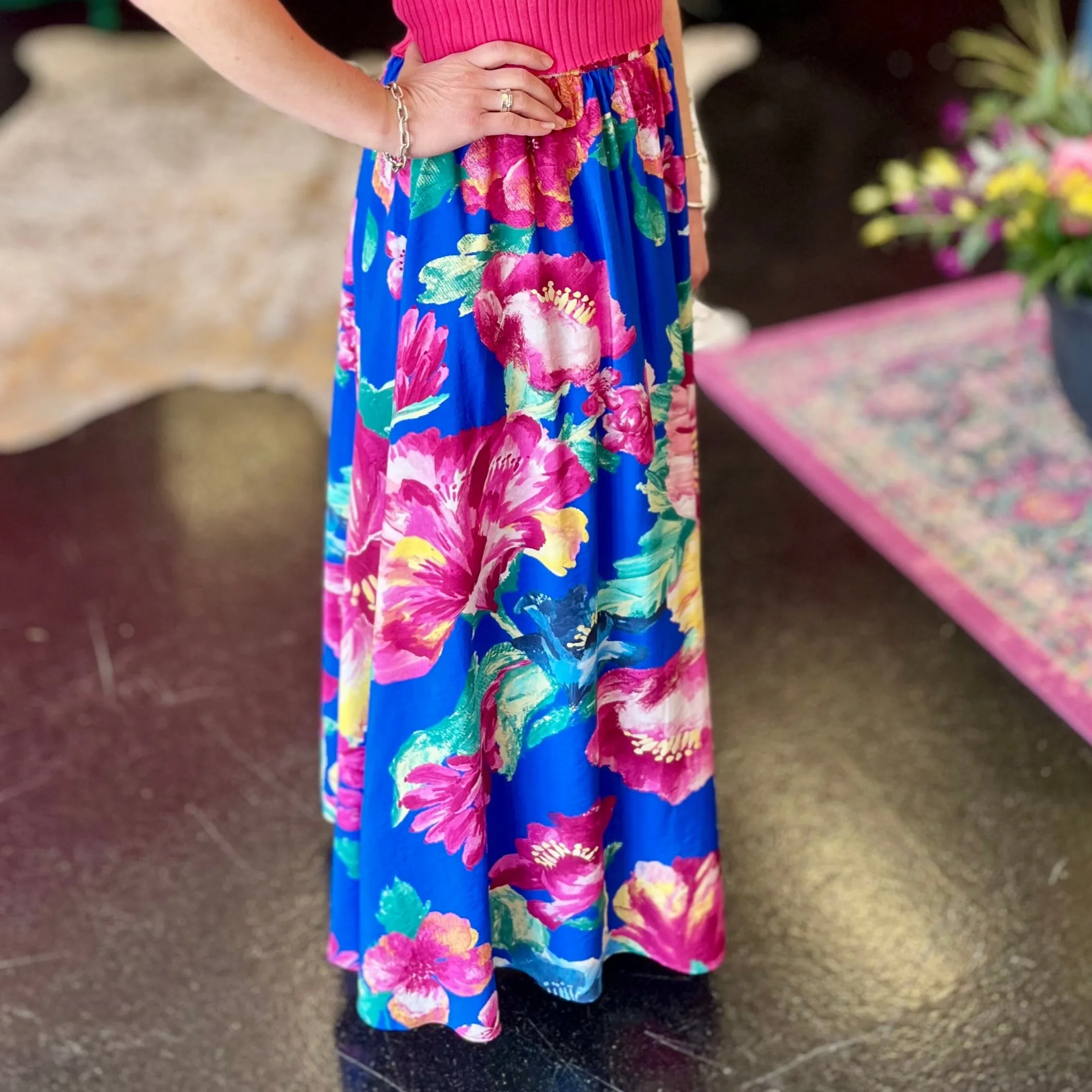 Royal Blue Floral Print Maxi Skirt