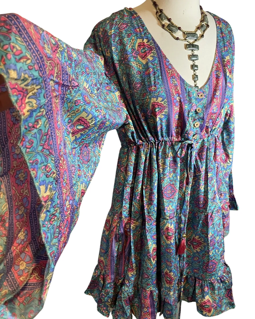 Short Silk baby doll dress with bell sleeves n buttons (Blue -pink)