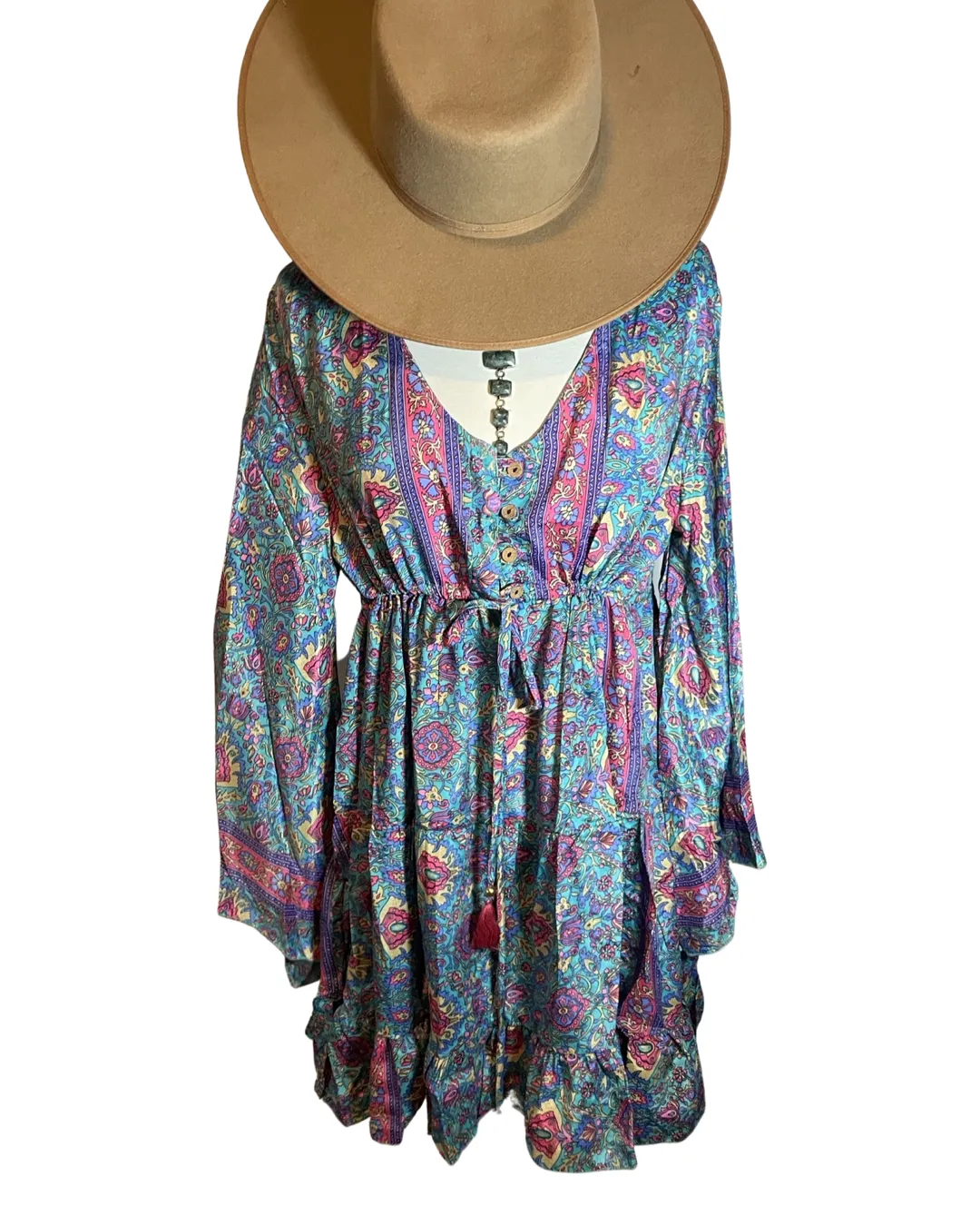 Short Silk baby doll dress with bell sleeves n buttons (Blue -pink)
