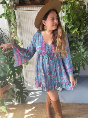 Short Silk baby doll dress with bell sleeves n buttons (Blue -pink)