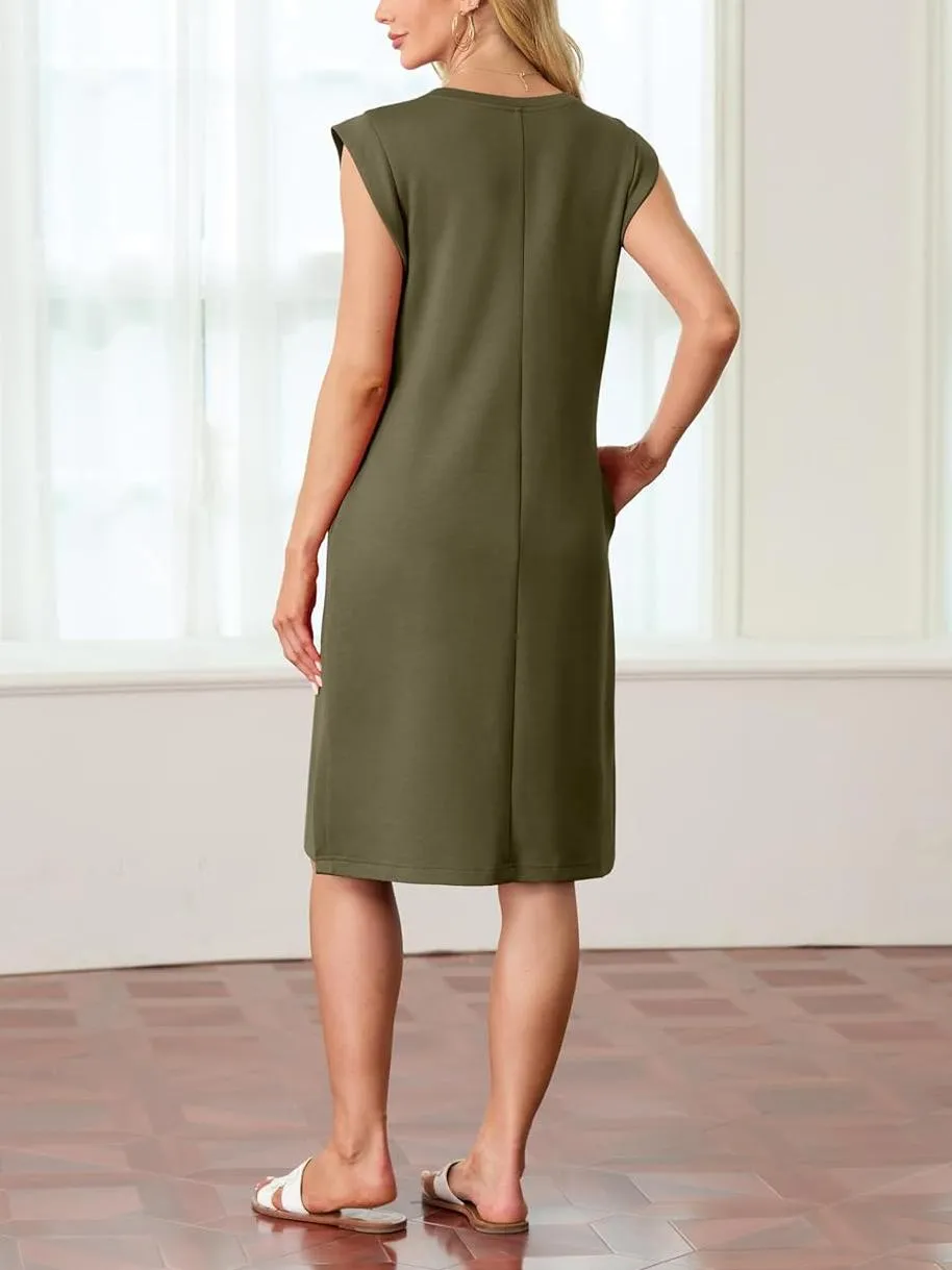 Summer Sale 50% OFFWomen Round Neck Loose Split Wrinkle-Free Midi Dress with Pockets