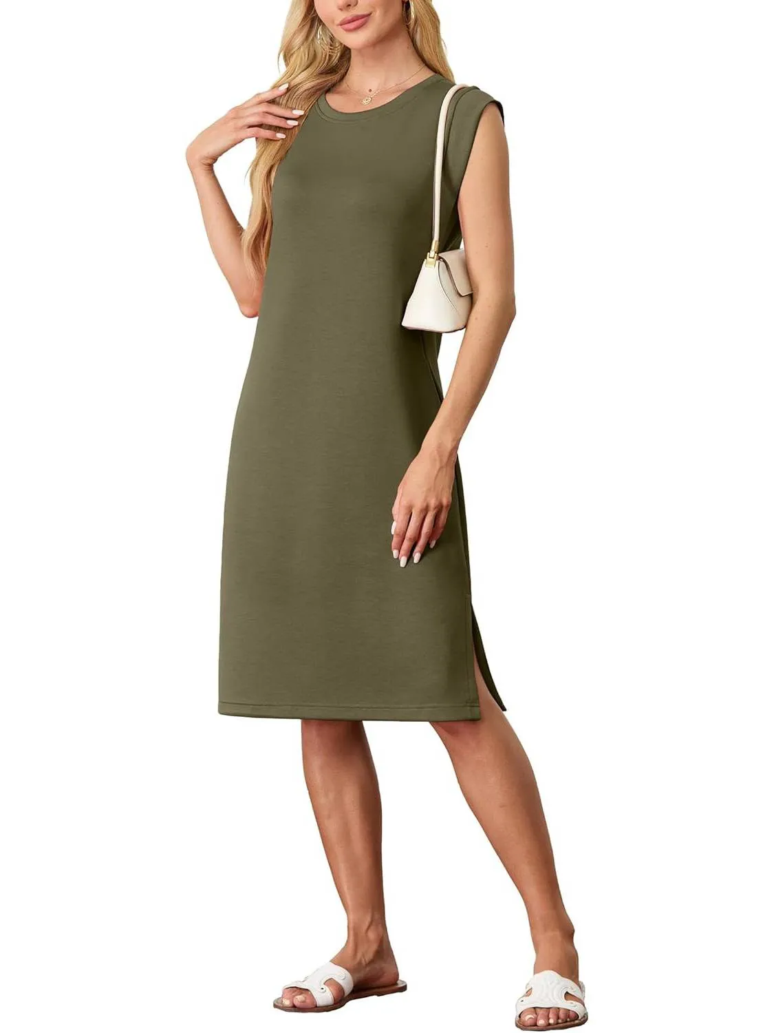 Summer Sale 50% OFFWomen Round Neck Loose Split Wrinkle-Free Midi Dress with Pockets