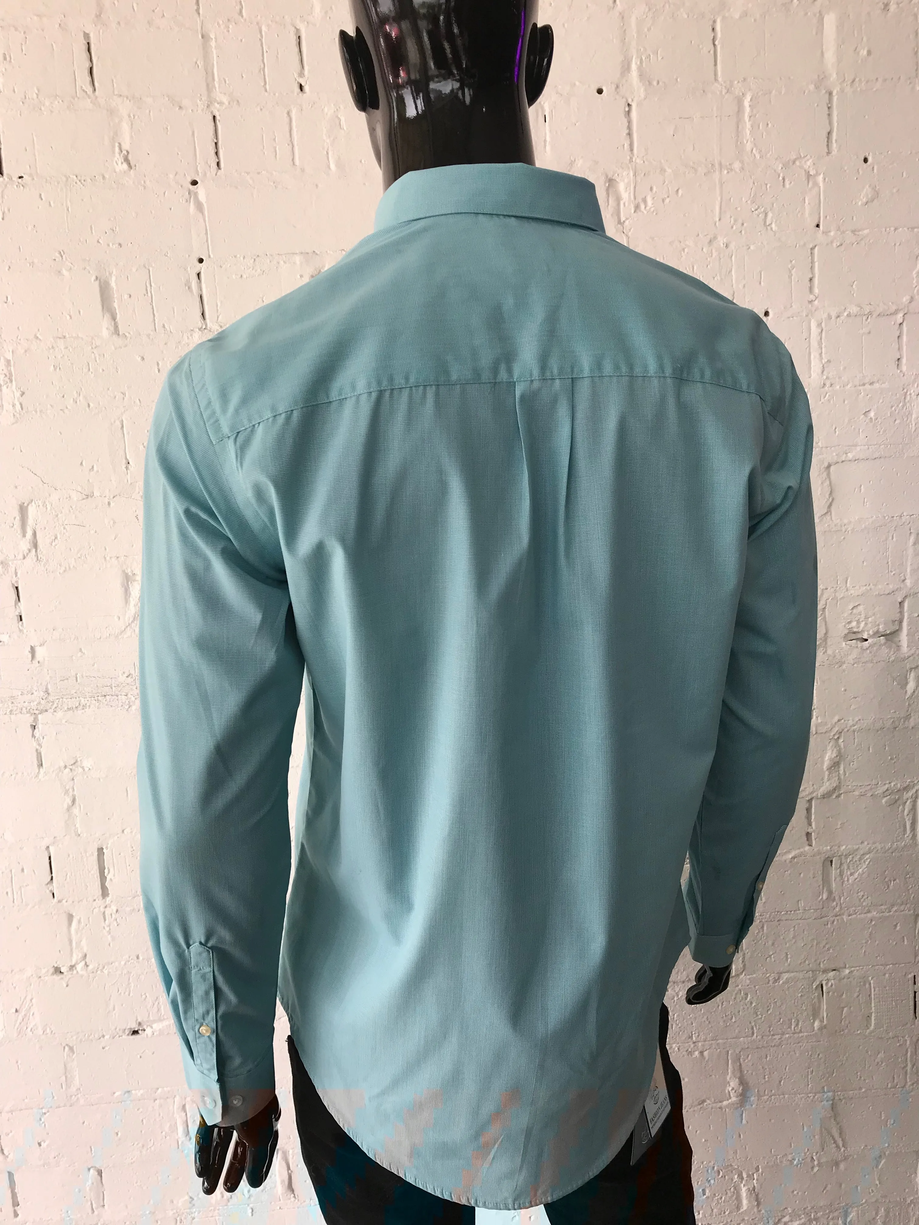 Van Heusen Mens Shirt Light Aqua with Fine White Plaid